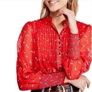Free People Flowers In December Blouse‎ Top Women's S Red boho Cottagecore sheer